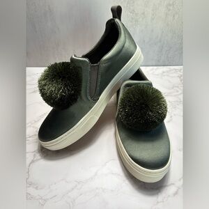 Tory Burch Women’s Satin Daphne Pom Pom Sneakers-1” Platform-Color: Dk. Green-8